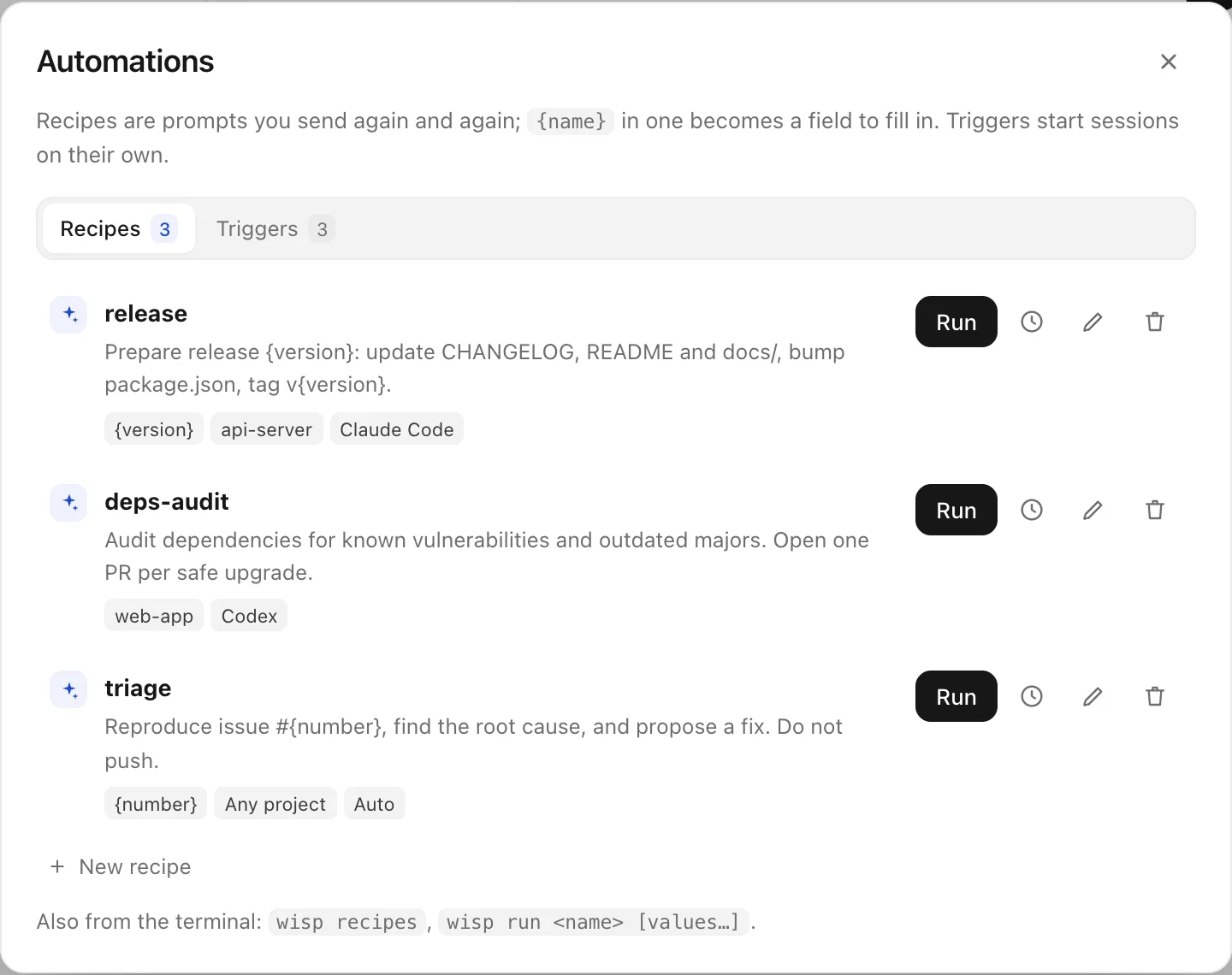 The Automations dialog listing three recipes (release, deps-audit, triage) with Run buttons.